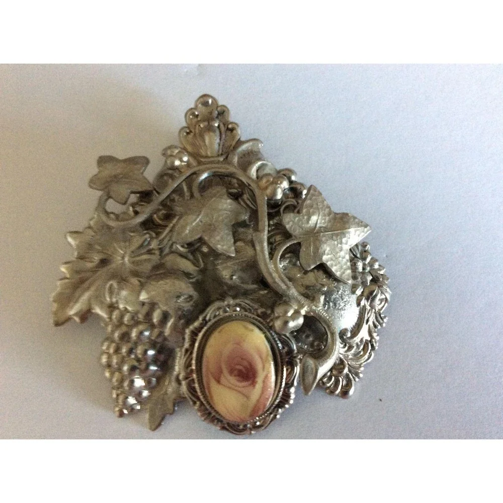 Vintage Silver tone 3D Rose Brooch Pendant